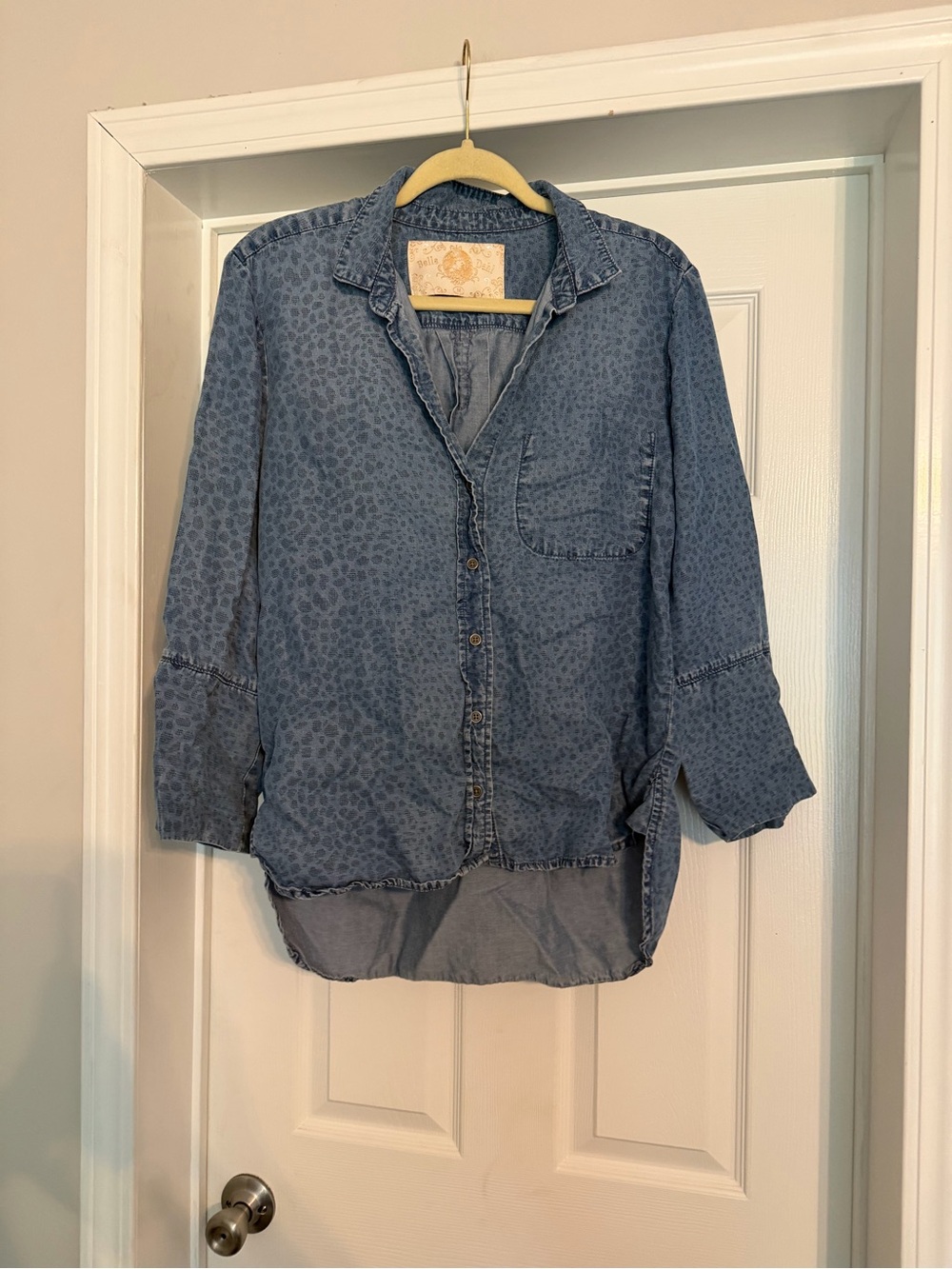 Bella Dahl Denim-Style Button-Down in Faded Blue with Subtle Cheetah Print